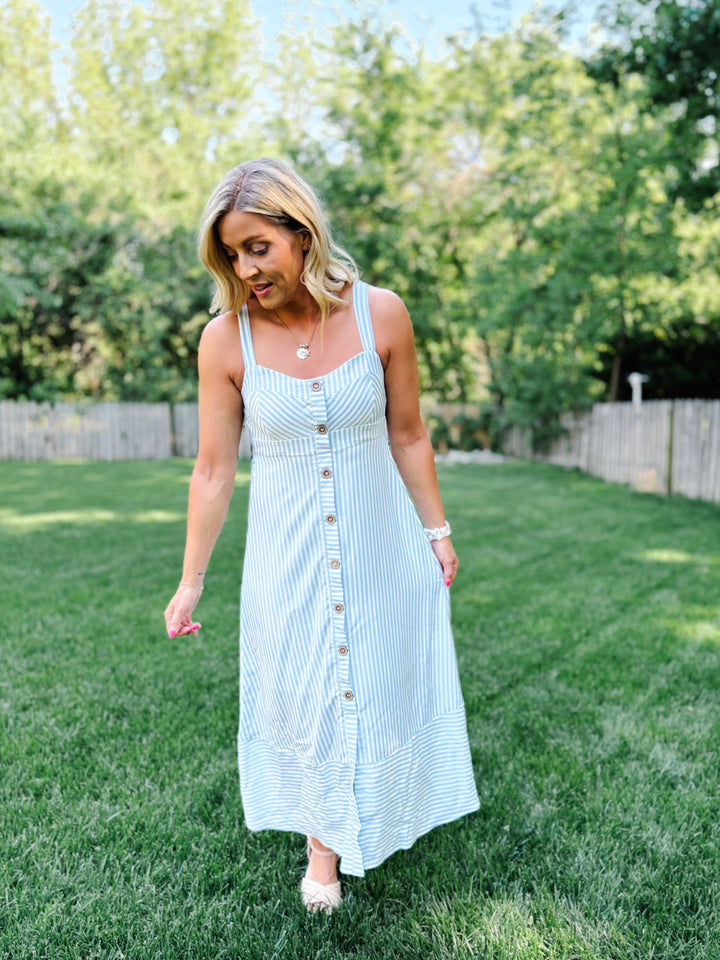 Seaside Stroll Striped Midi Dress, Light Blue 
