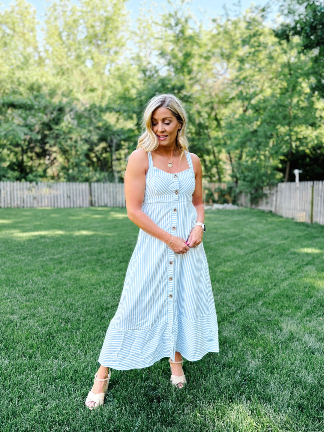 Seaside Stroll Striped Midi Dress, Light Blue 