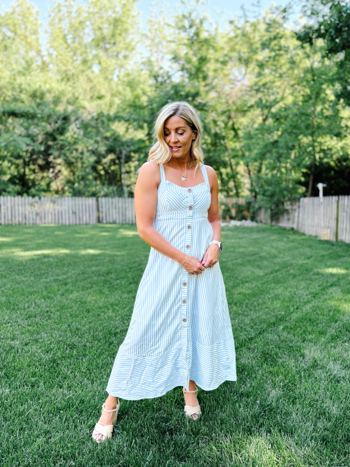 Seaside Stroll Striped Midi Dress, Light Blue 
