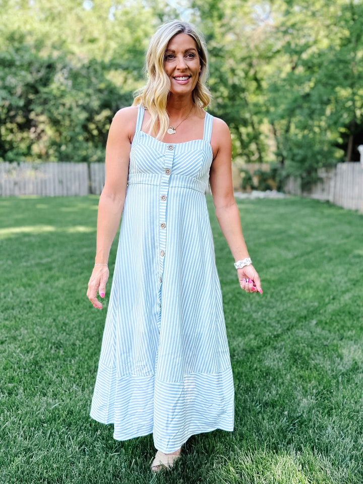 Seaside Stroll Striped Midi Dress, Light Blue 