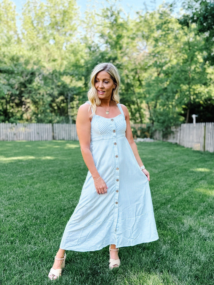 Seaside Stroll Striped Midi Dress, Light Blue 