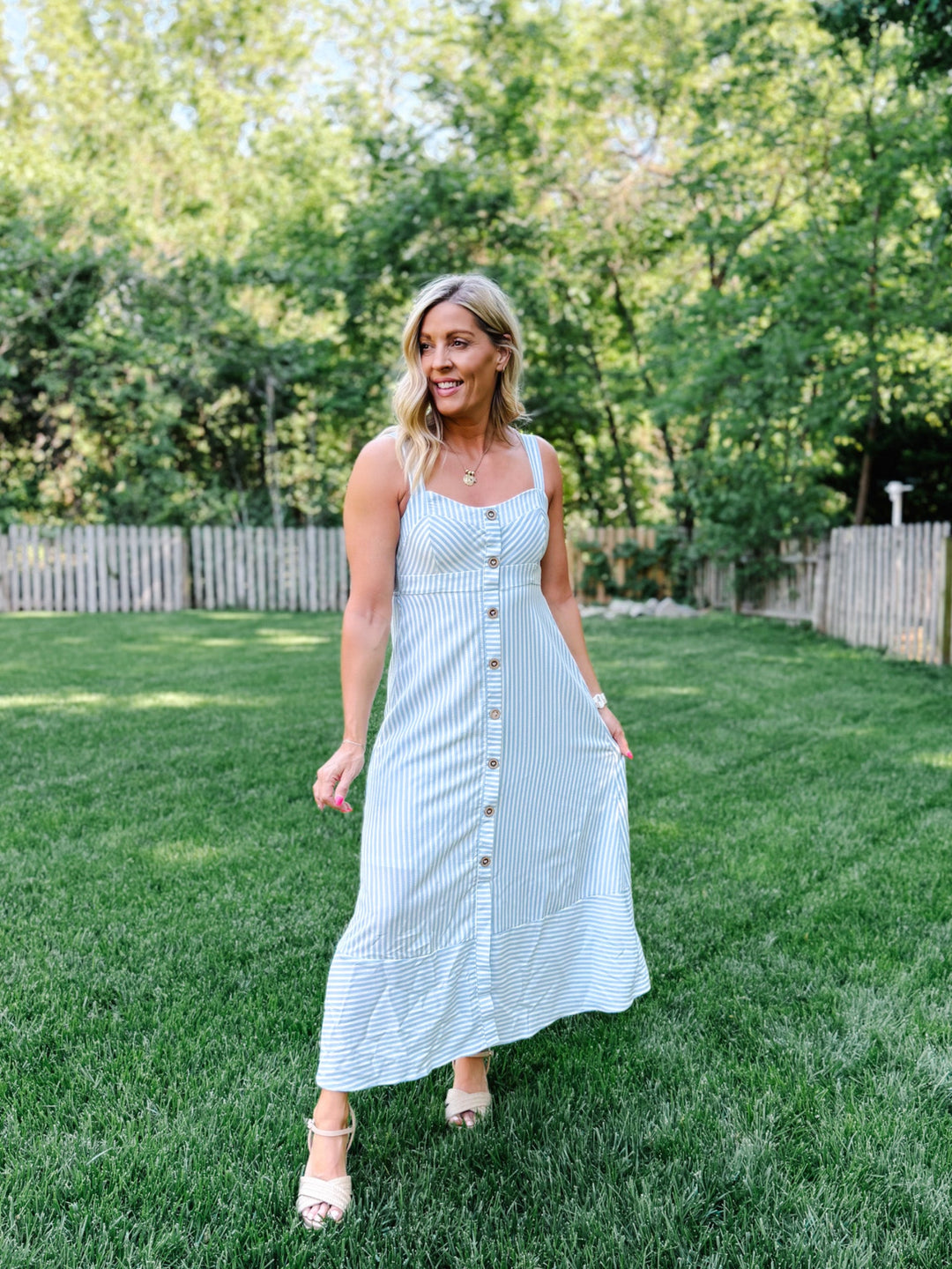 Seaside Stroll Striped Midi Dress, Light Blue 