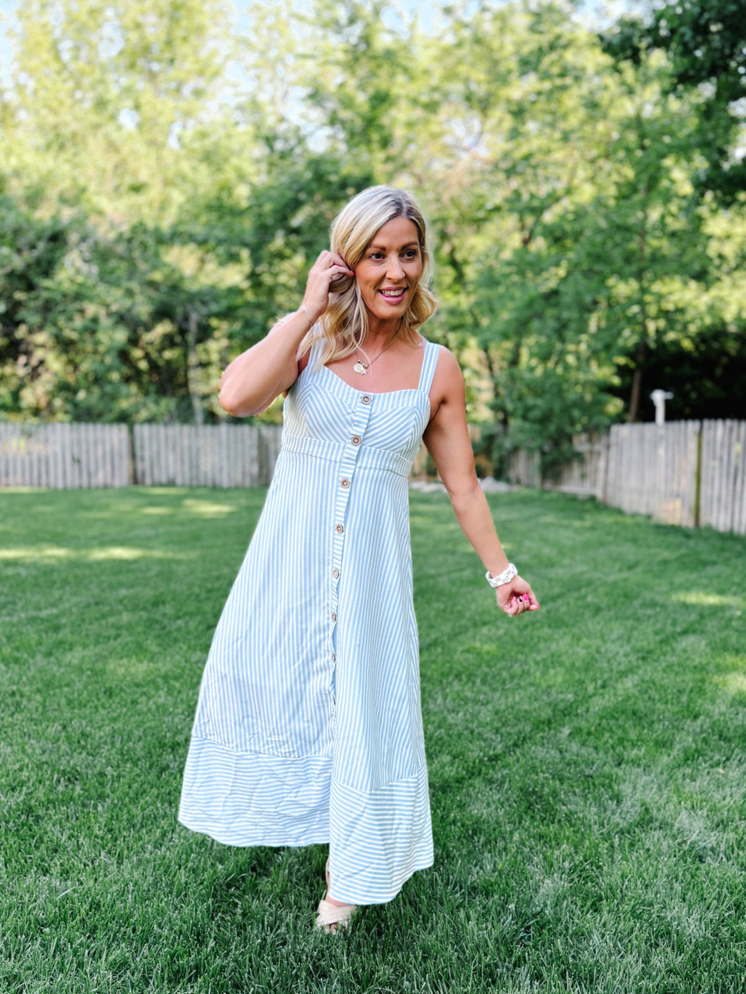 Seaside Stroll Striped Midi Dress, Light Blue 