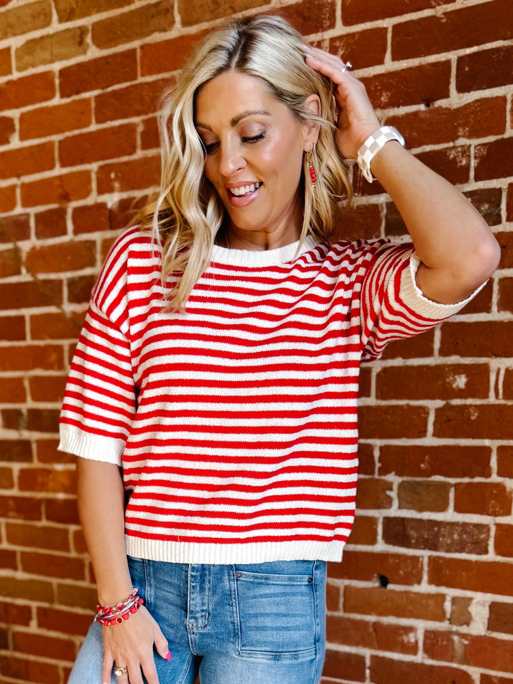 Soft Lines Striped Knit Top, Red