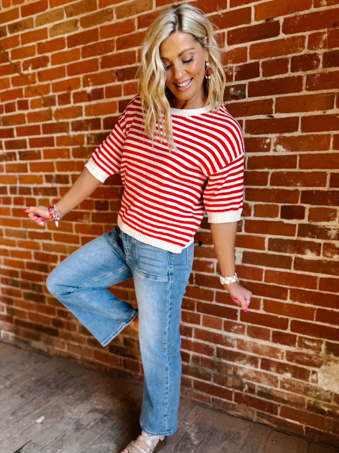 Soft Lines Striped Knit Top, Red