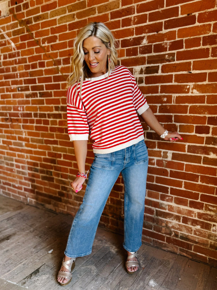 Soft Lines Striped Knit Top, Red
