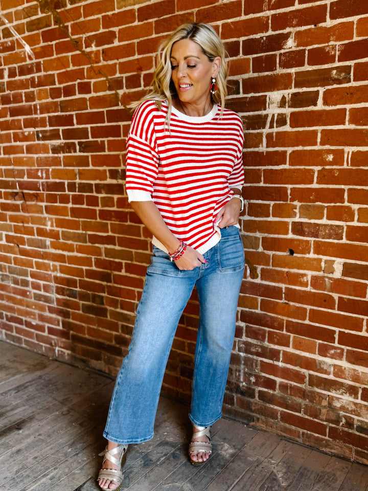 Soft Lines Striped Knit Top, Red