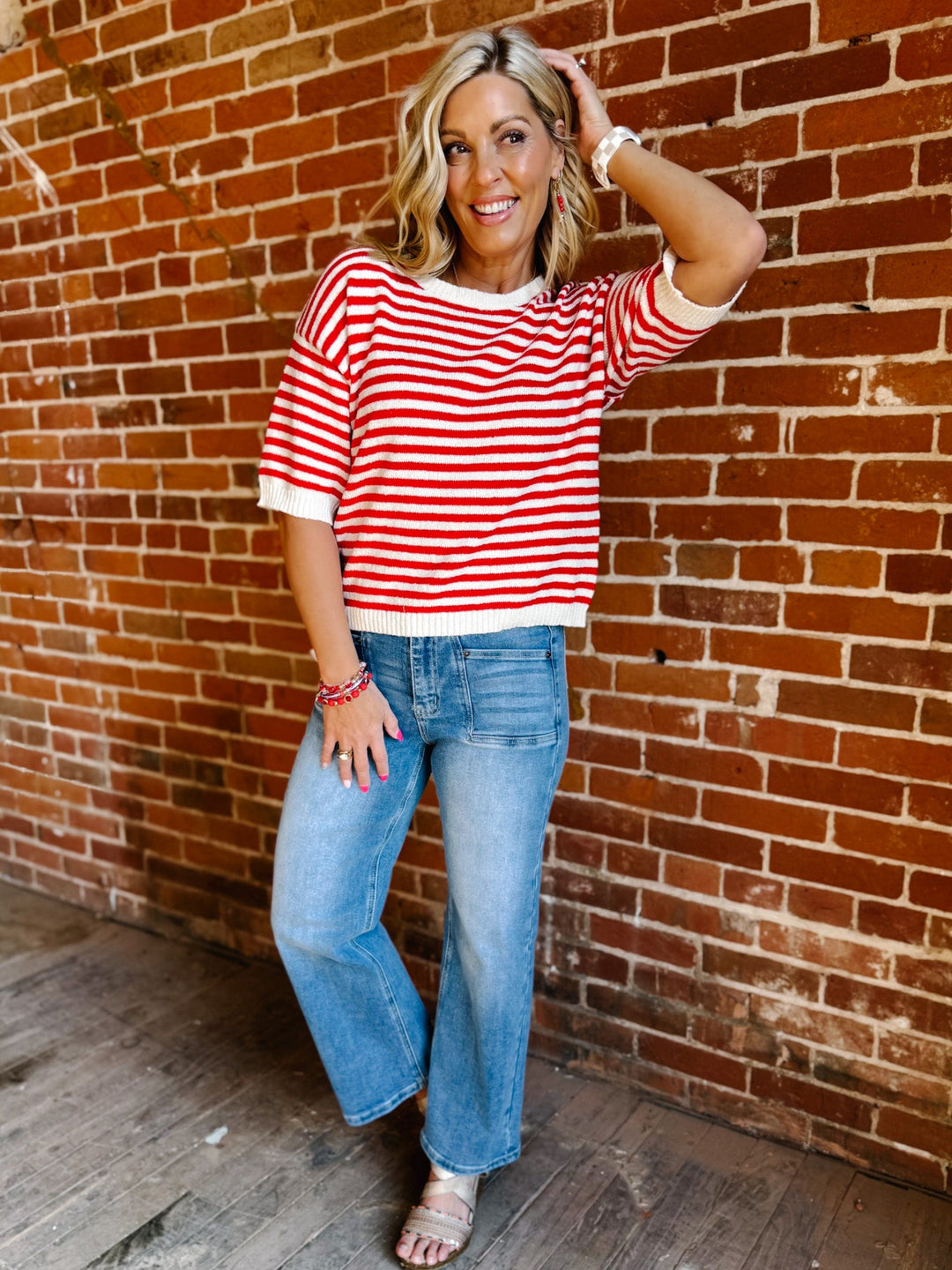 Soft Lines Striped Knit Top, Red