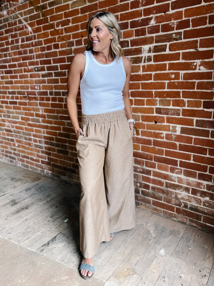 Soft Structure Pinstripe Wide Leg Linen Pants, Camel