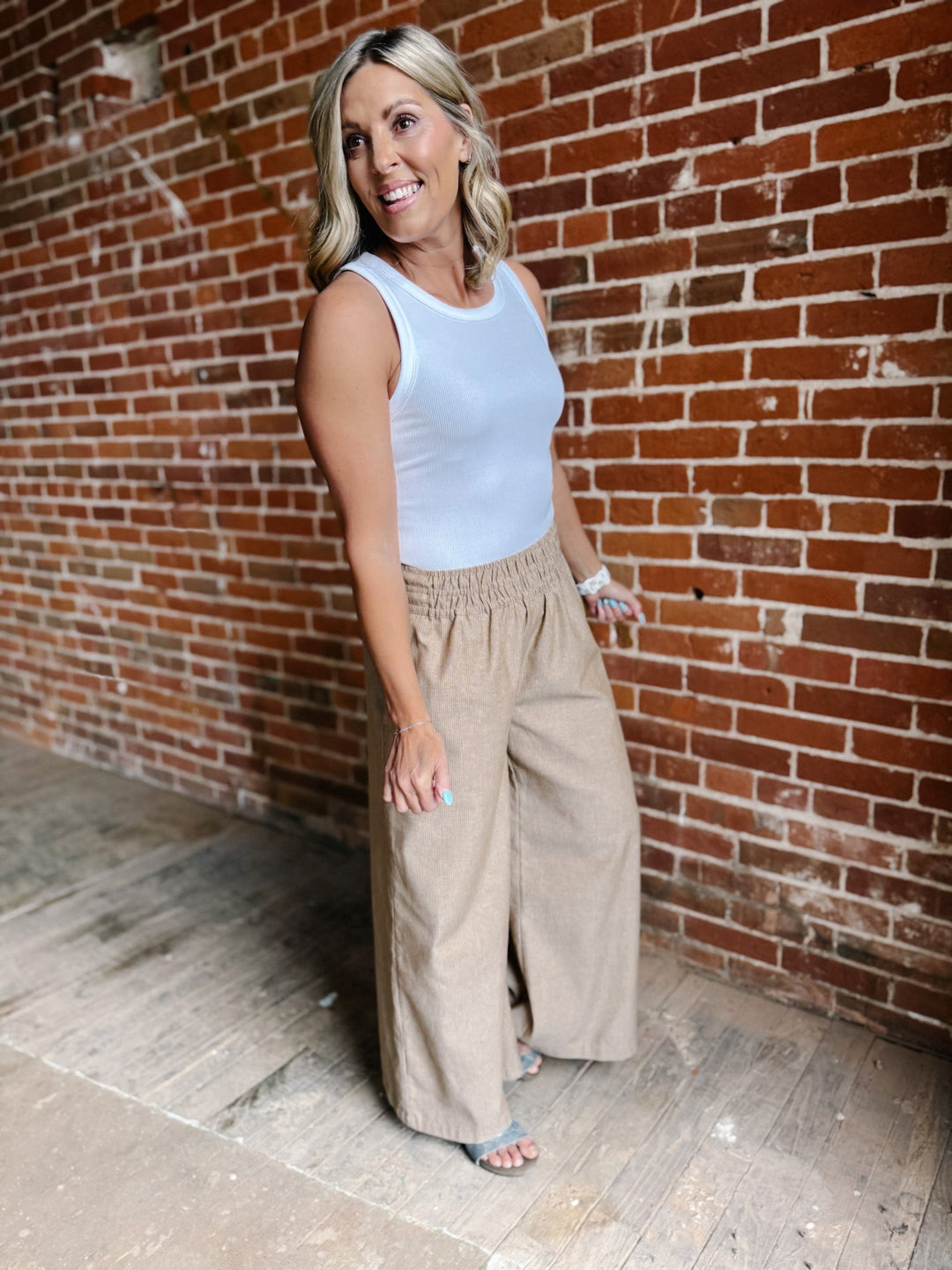 Soft Structure Pinstripe Wide Leg Linen Pants, Camel