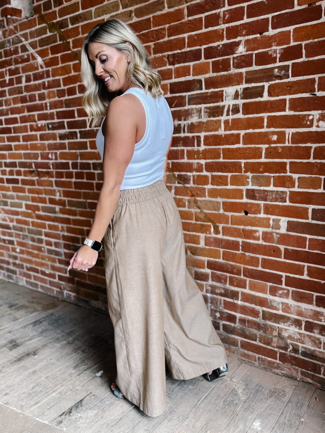 Soft Structure Pinstripe Wide Leg Linen Pants, Camel