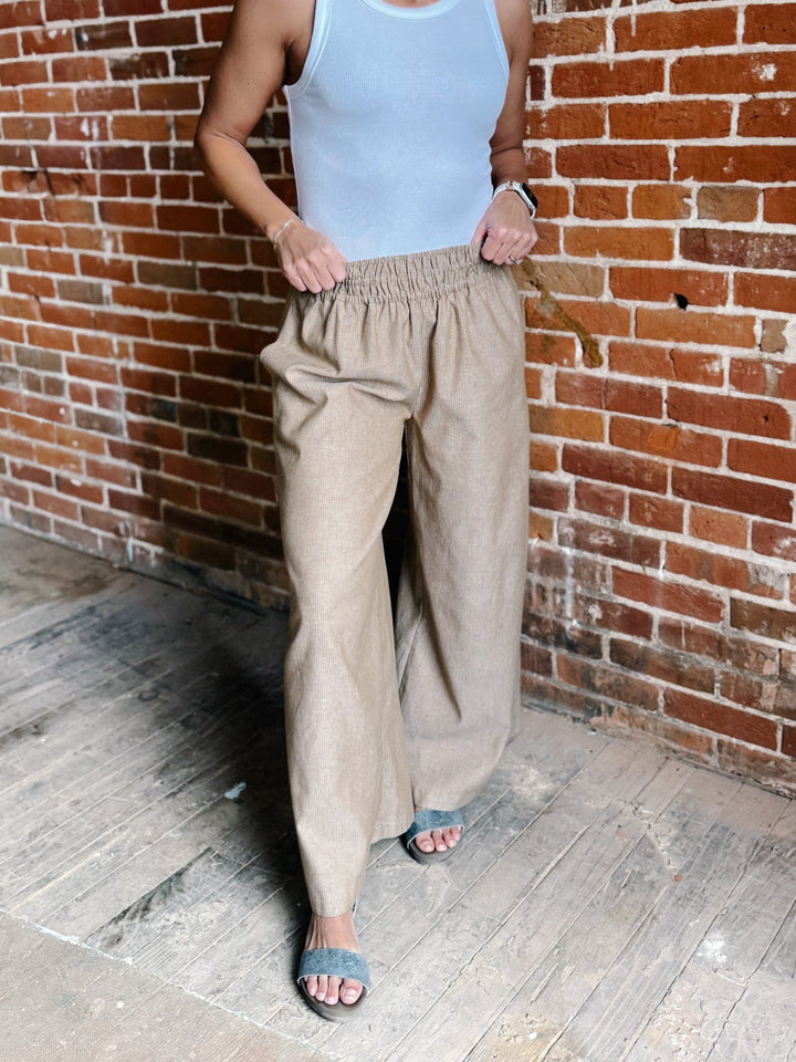 Soft Structure Pinstripe Wide Leg Linen Pants, Camel