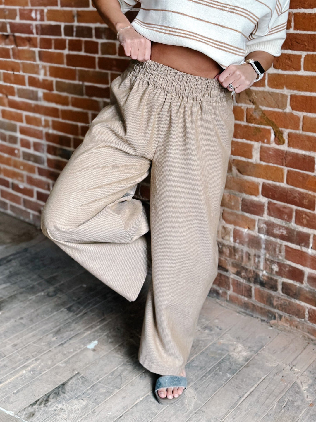 Soft Structure Pinstripe Wide Leg Linen Pants, Camel