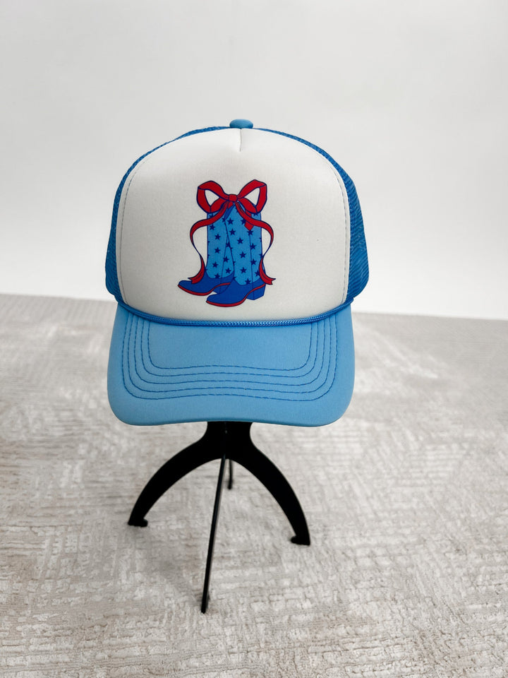 Star Print Boots with Bows Trucker Hat, Blue