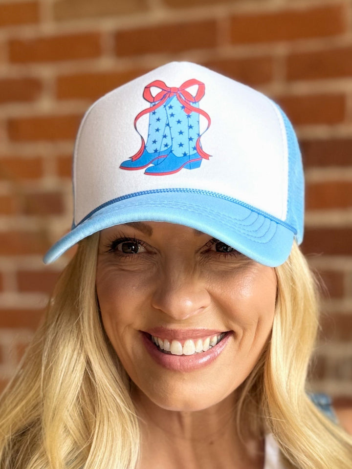 Star Print Boots with Bows Trucker Hat, Blue