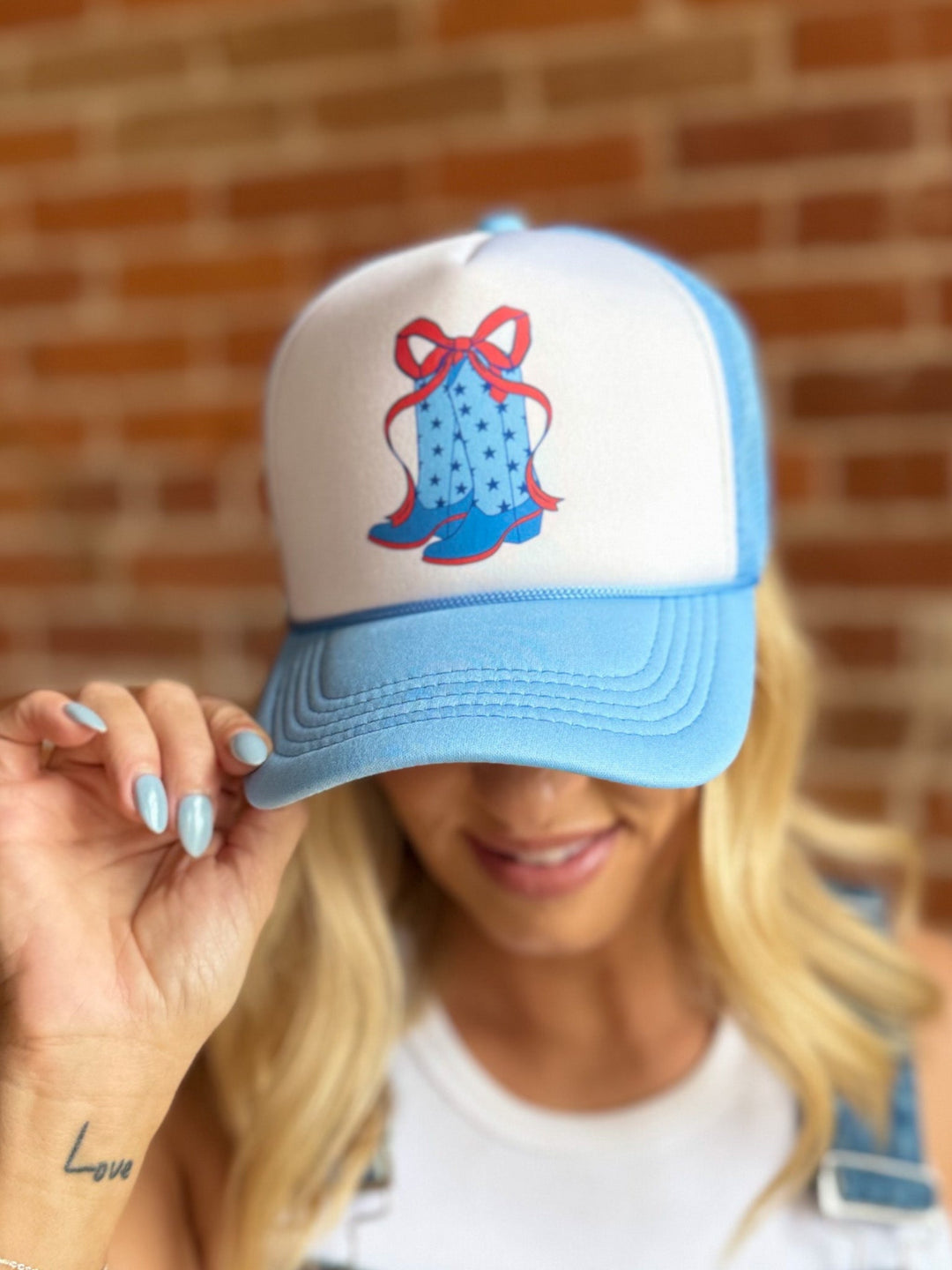 Star Print Boots with Bows Trucker Hat, Blue