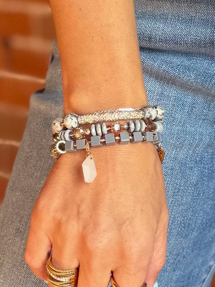 Starter Stack Bracelet, Gold, Matte Grey, Marbled Grey with CZ Accent