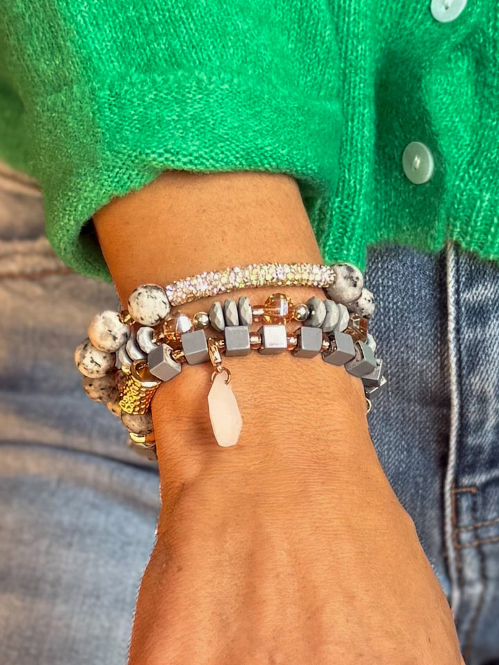 Starter Stack Bracelet, Gold, Matte Grey, Marbled Grey with CZ Accent