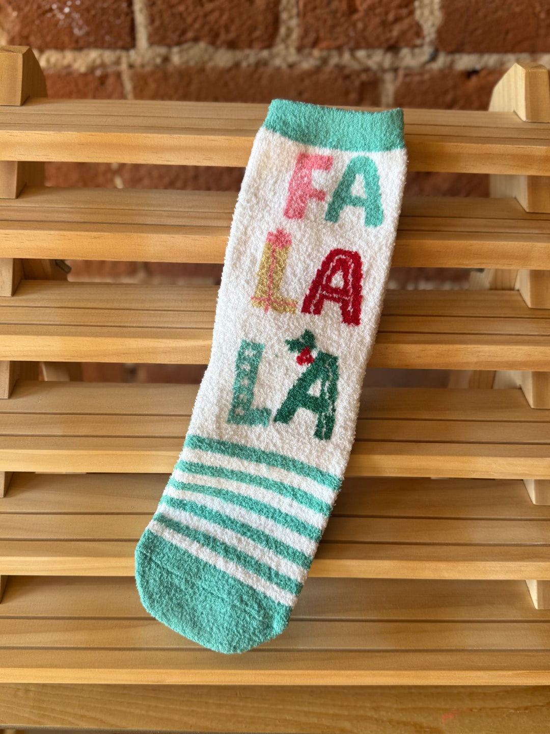 Striped Fuzzy Christmas Socks, Fa La La