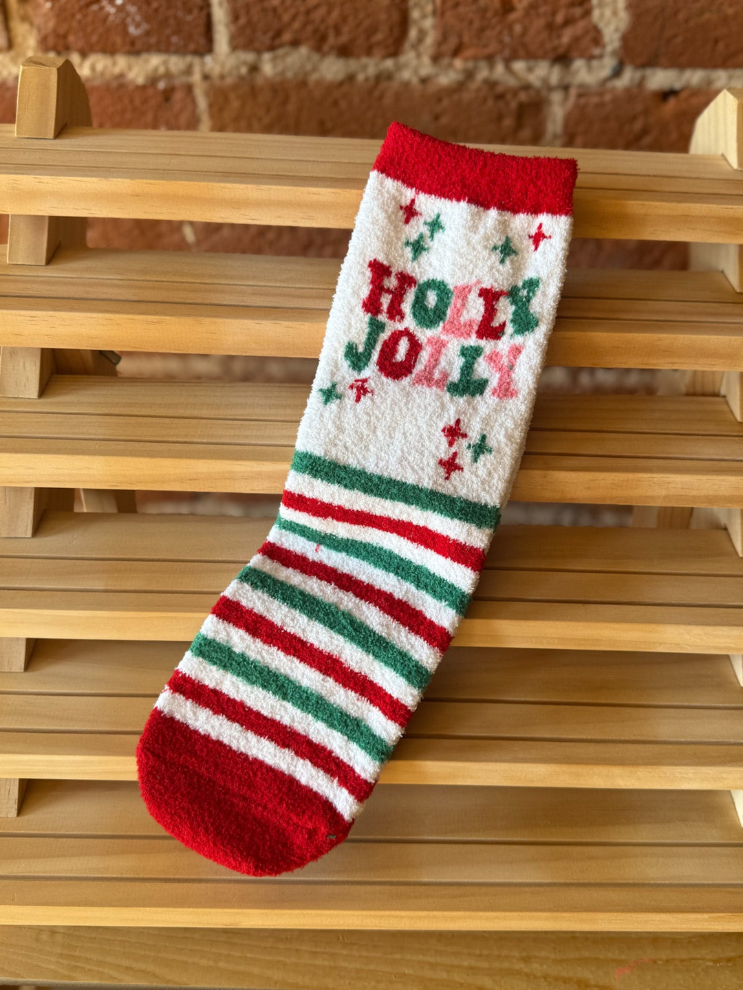 Striped Fuzzy Christmas Socks, Holly Jolly