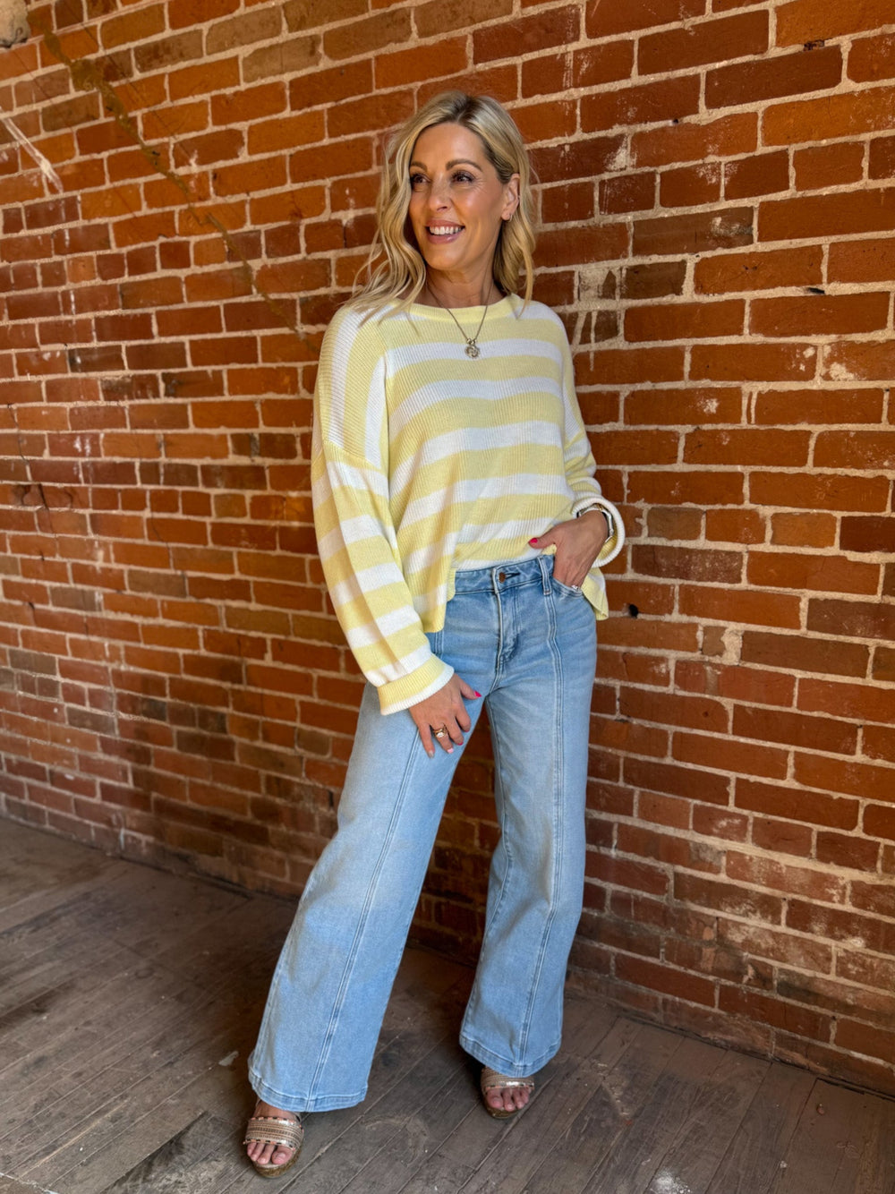 Sunny Disposition Stripe Sweater, Yellow and White