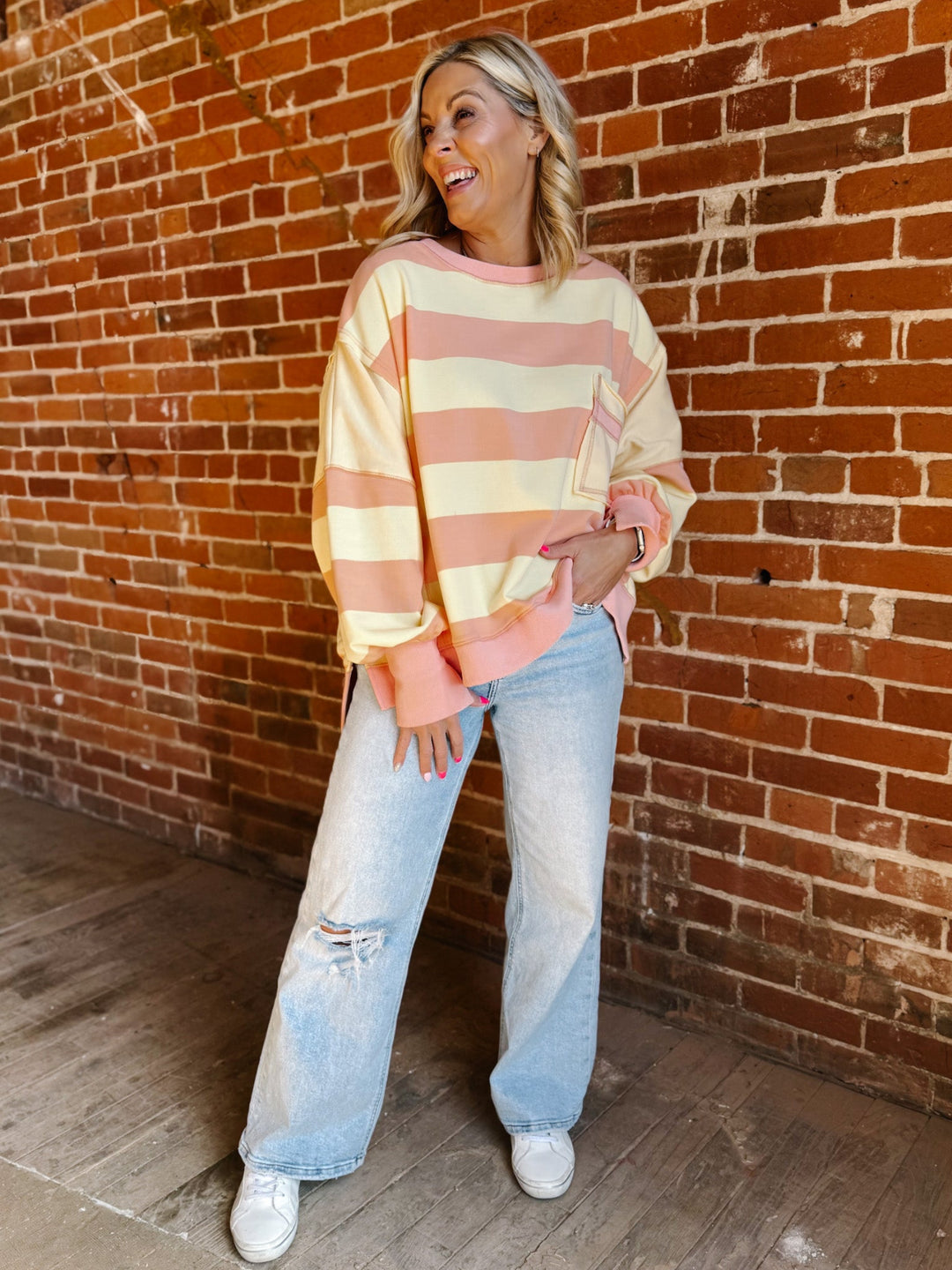 Sunwashed Stripe Sweatshirt, PeachYellow