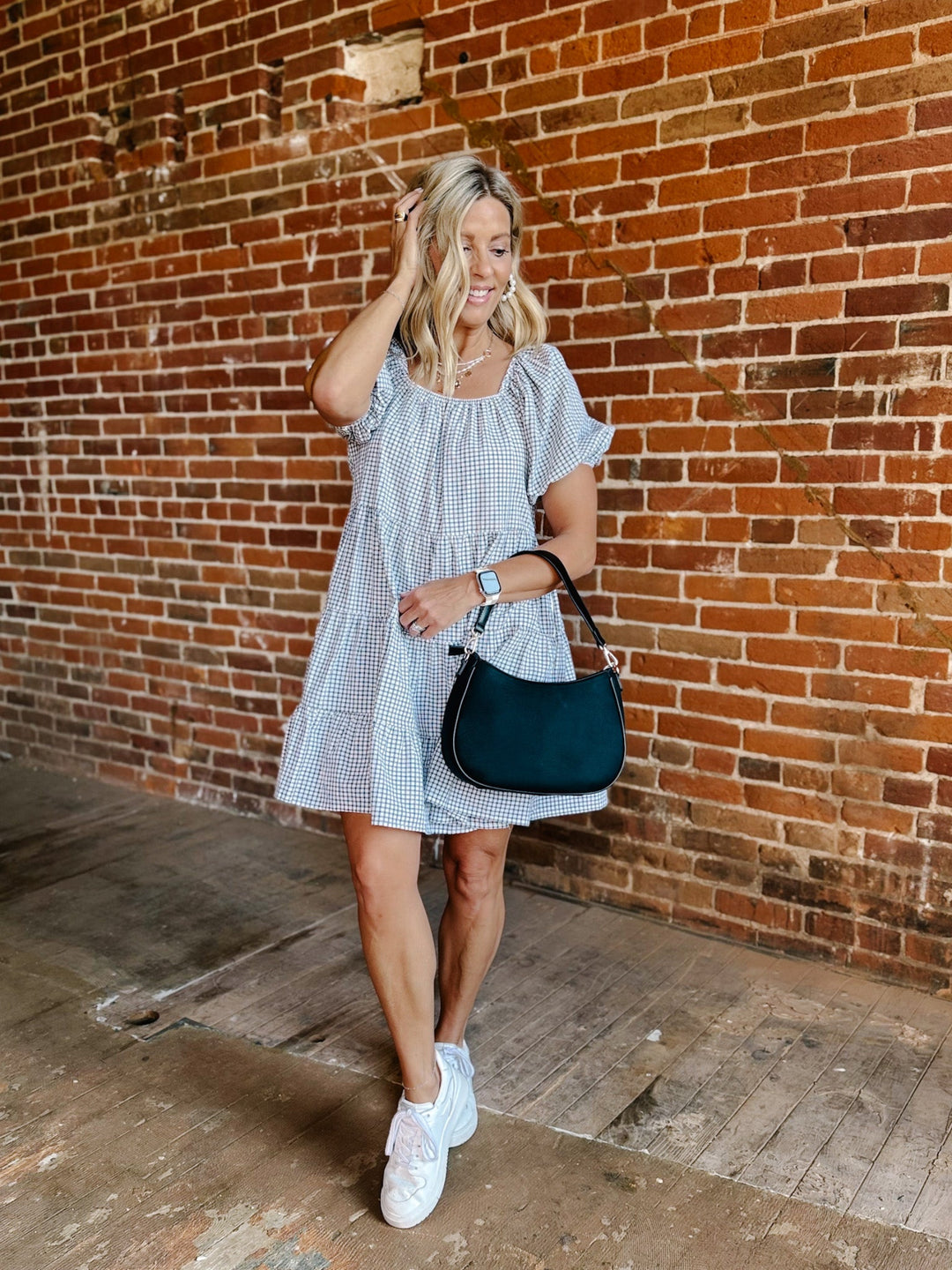 Sweet Gingham Daydream Mini Dress, EcruBlack