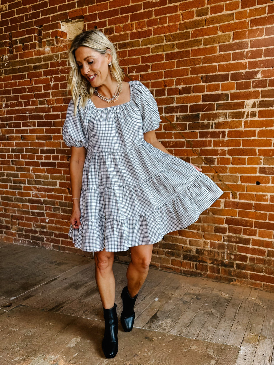 Sweet Gingham Daydream Mini Dress, EcruBlack
