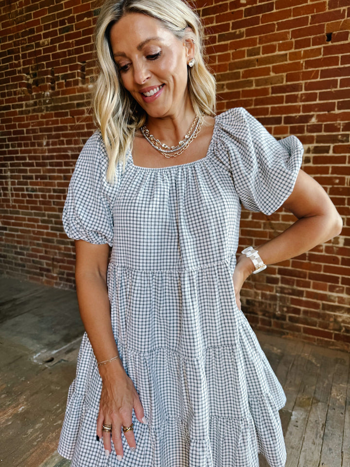 Sweet Gingham Daydream Mini Dress, EcruBlack