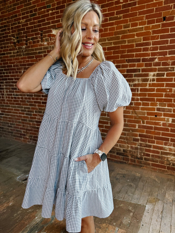 Sweet Gingham Daydream Mini Dress, EcruBlack