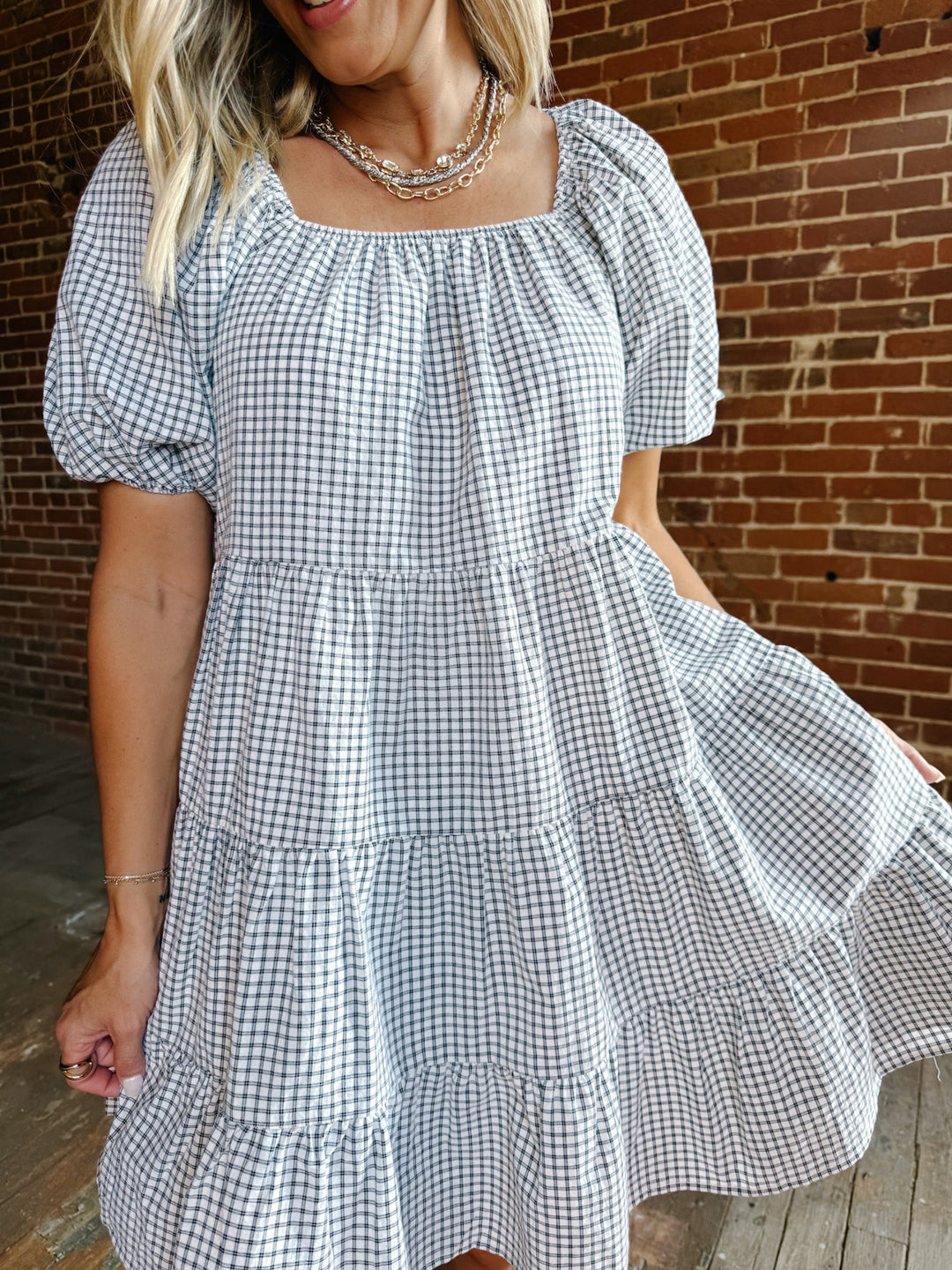 Sweet Gingham Daydream Mini Dress, EcruBlack