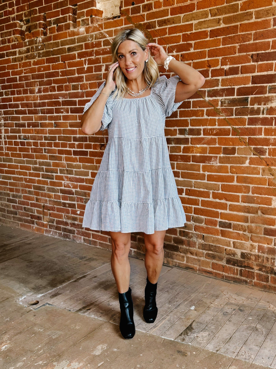 Sweet Gingham Daydream Mini Dress, EcruBlack