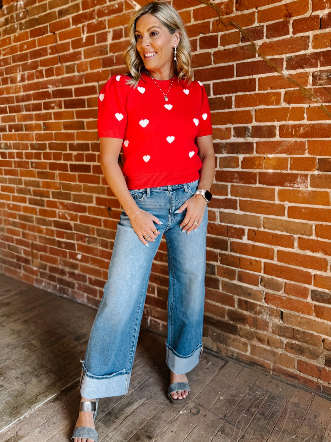 Sweetheart Puff Sleeve Sweater, Red