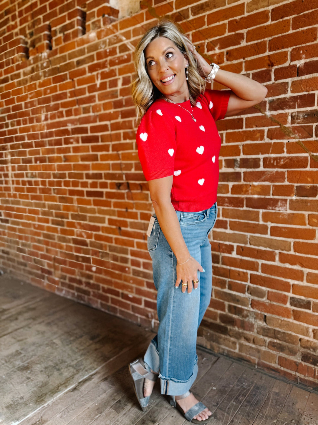 Sweetheart Puff Sleeve Sweater, Red