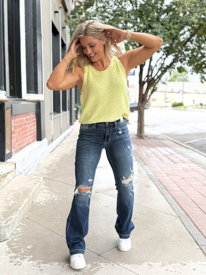 Sylvie Mid Rise Destroyed Bootcut, Dark Wash