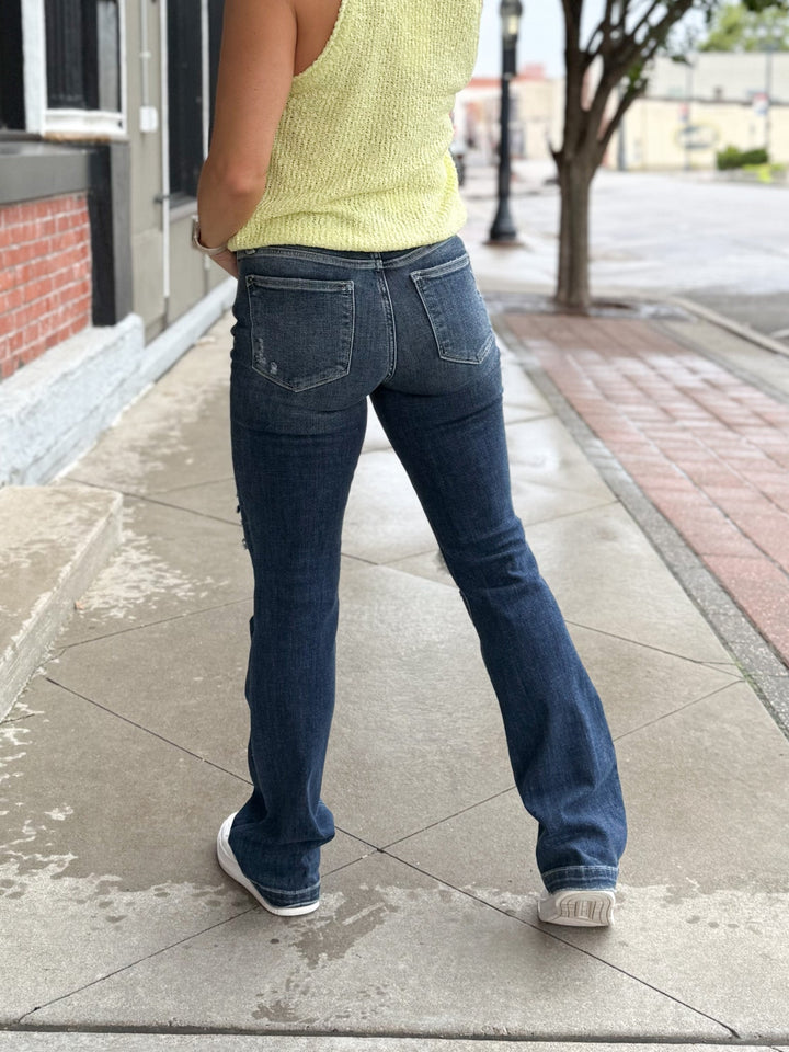 Sylvie Mid Rise Destroyed Bootcut, Dark Wash