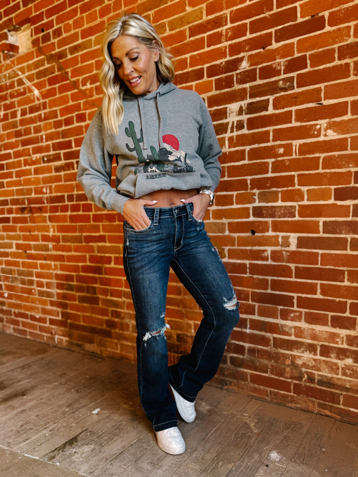 Sylvie Mid Rise Destroyed Bootcut, Dark Wash