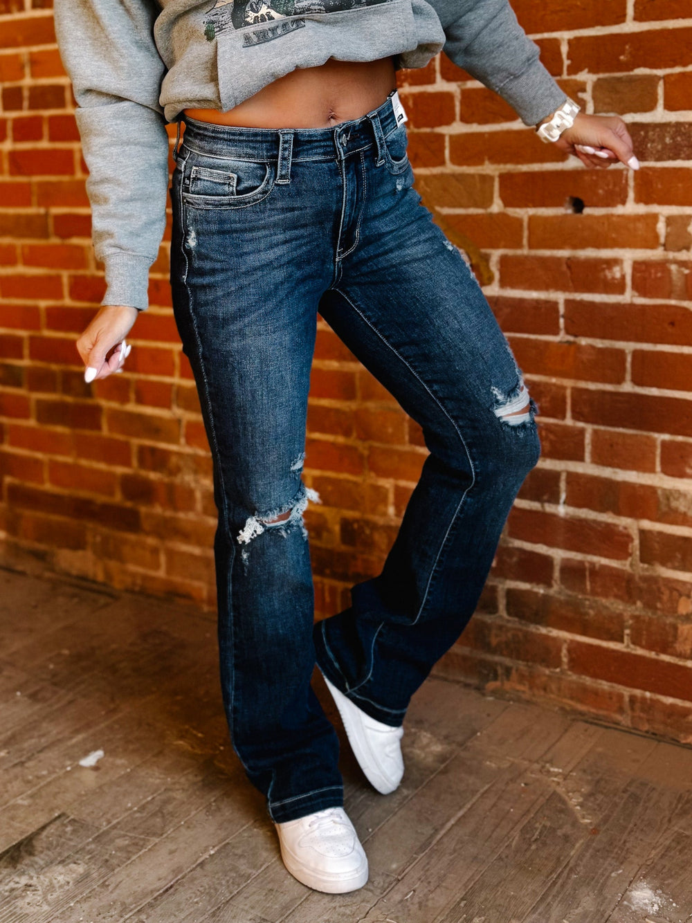 Sylvie Mid Rise Destroyed Bootcut, Dark Wash