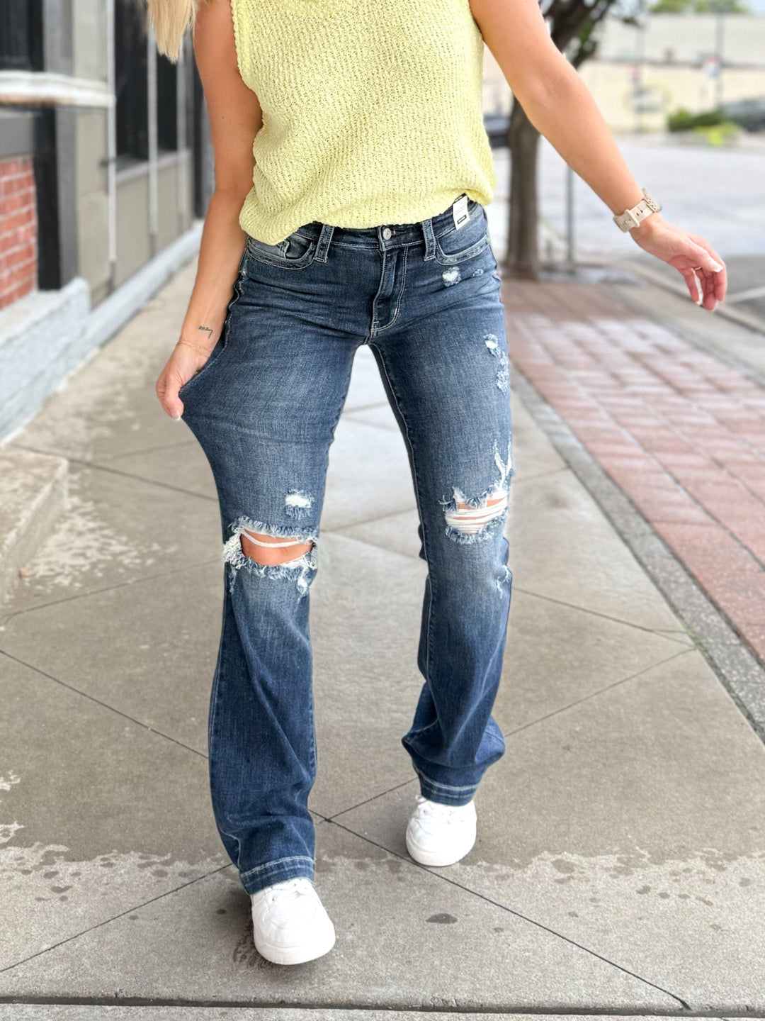 Sylvie Mid Rise Destroyed Bootcut, Dark Wash