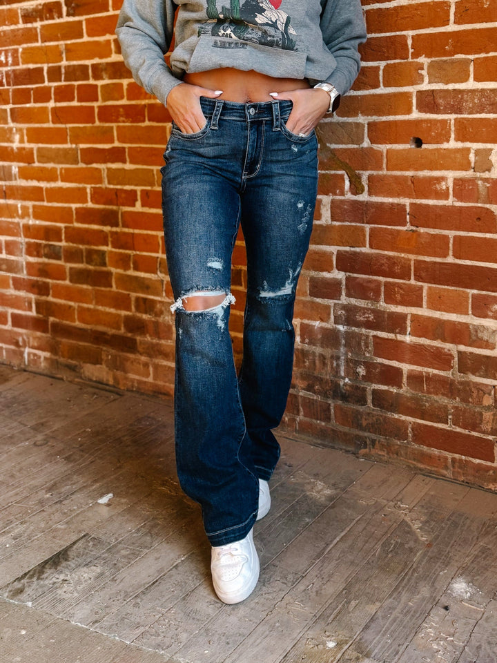 Sylvie Mid Rise Destroyed Bootcut, Dark Wash