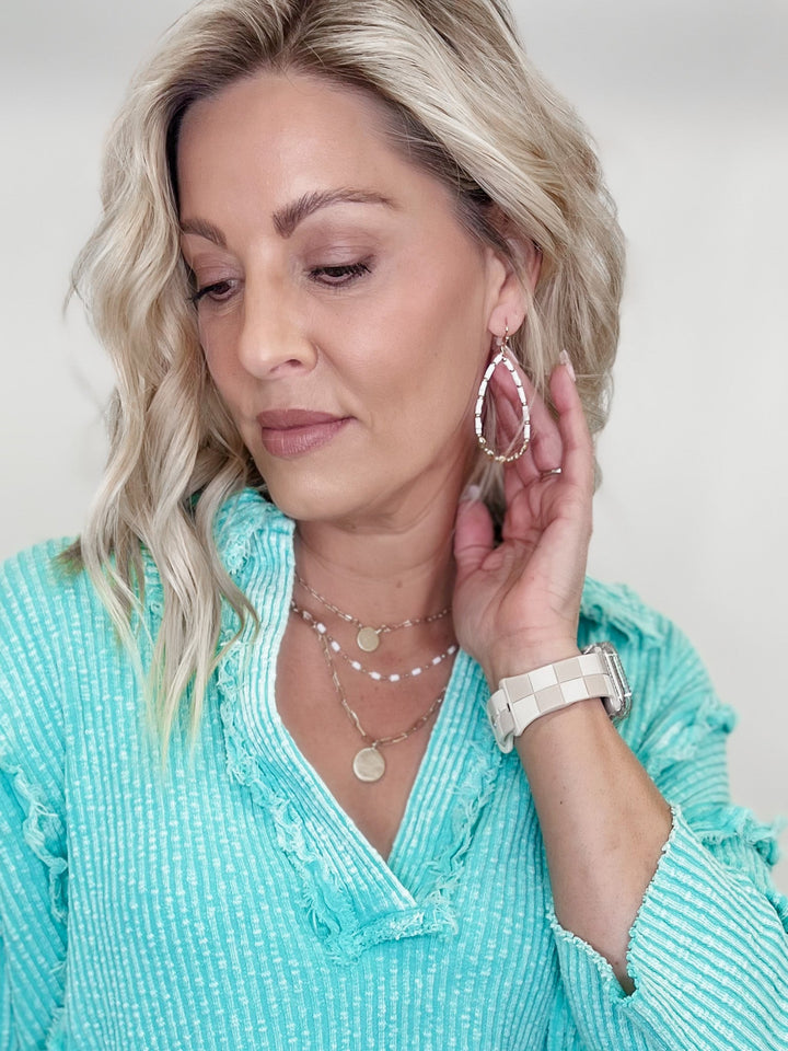 Teardrop Hoop with Gold and White Seed Beed Accent, Gold