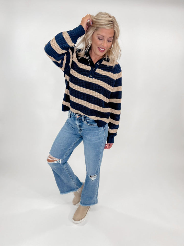 Tennley Chunky Knit Striped Henley Sweater, Navy