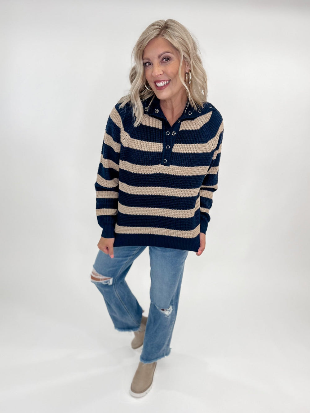 Tennley Chunky Knit Striped Henley Sweater, Navy