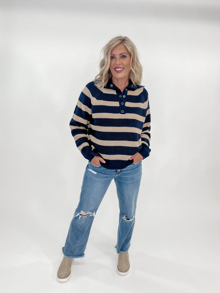 Tennley Chunky Knit Striped Henley Sweater, Navy