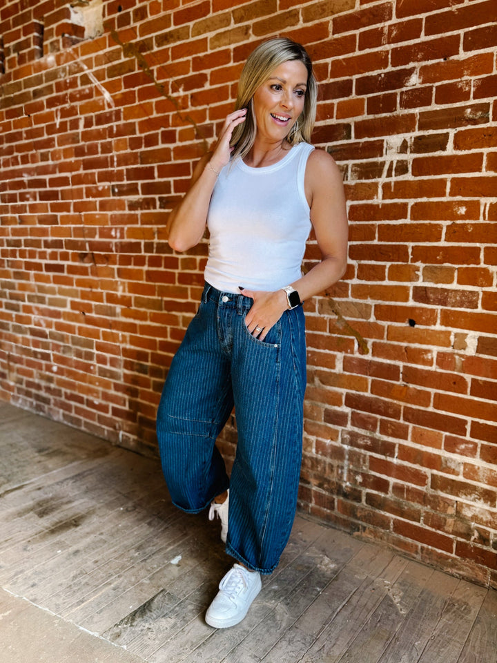 The Avery Pinstriped Barrel Jeans, Dark Wash