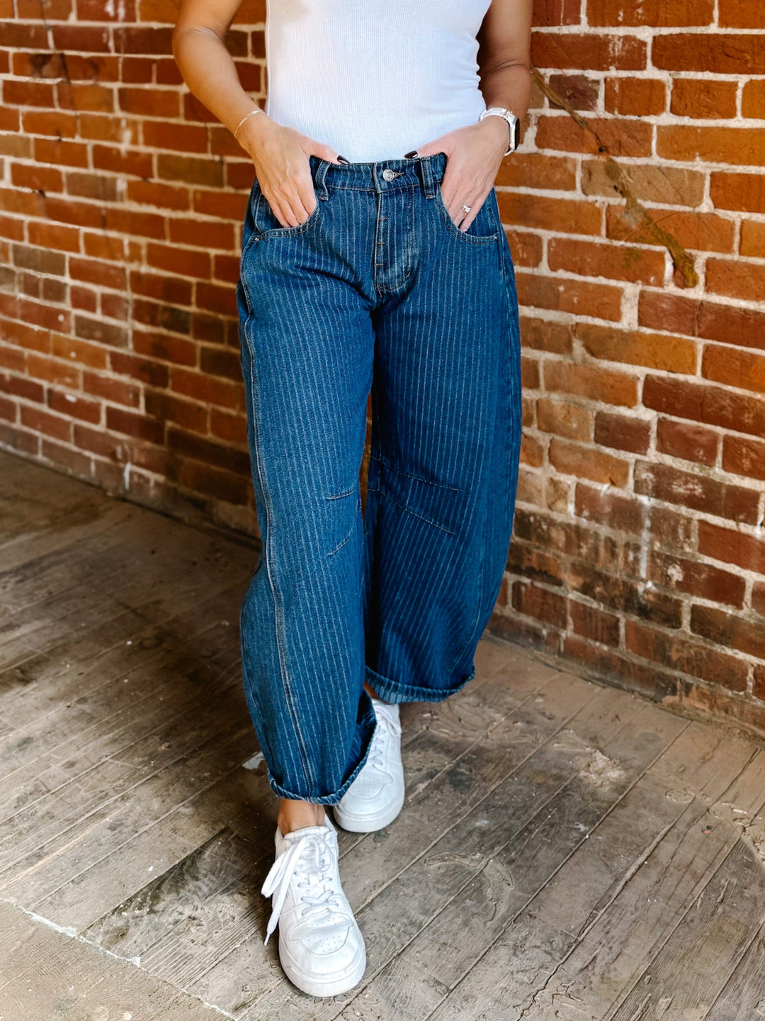 The Avery Pinstriped Barrel Jeans, Dark Wash