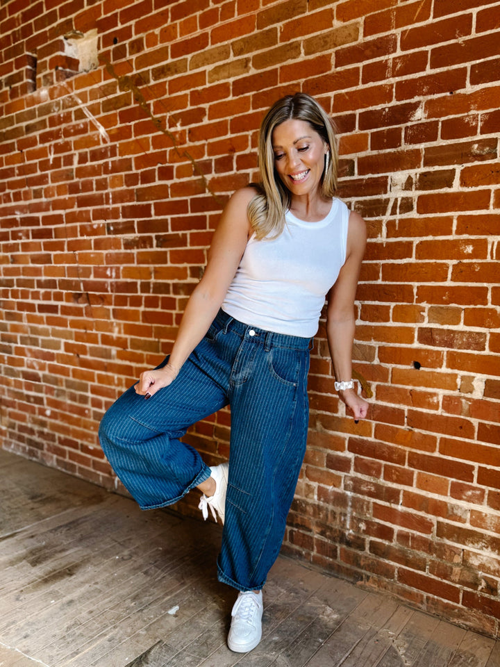 The Avery Pinstriped Barrel Jeans, Dark Wash