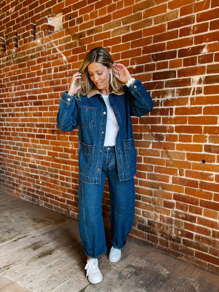 The Avery Pinstriped Barrel Jeans, Dark Wash