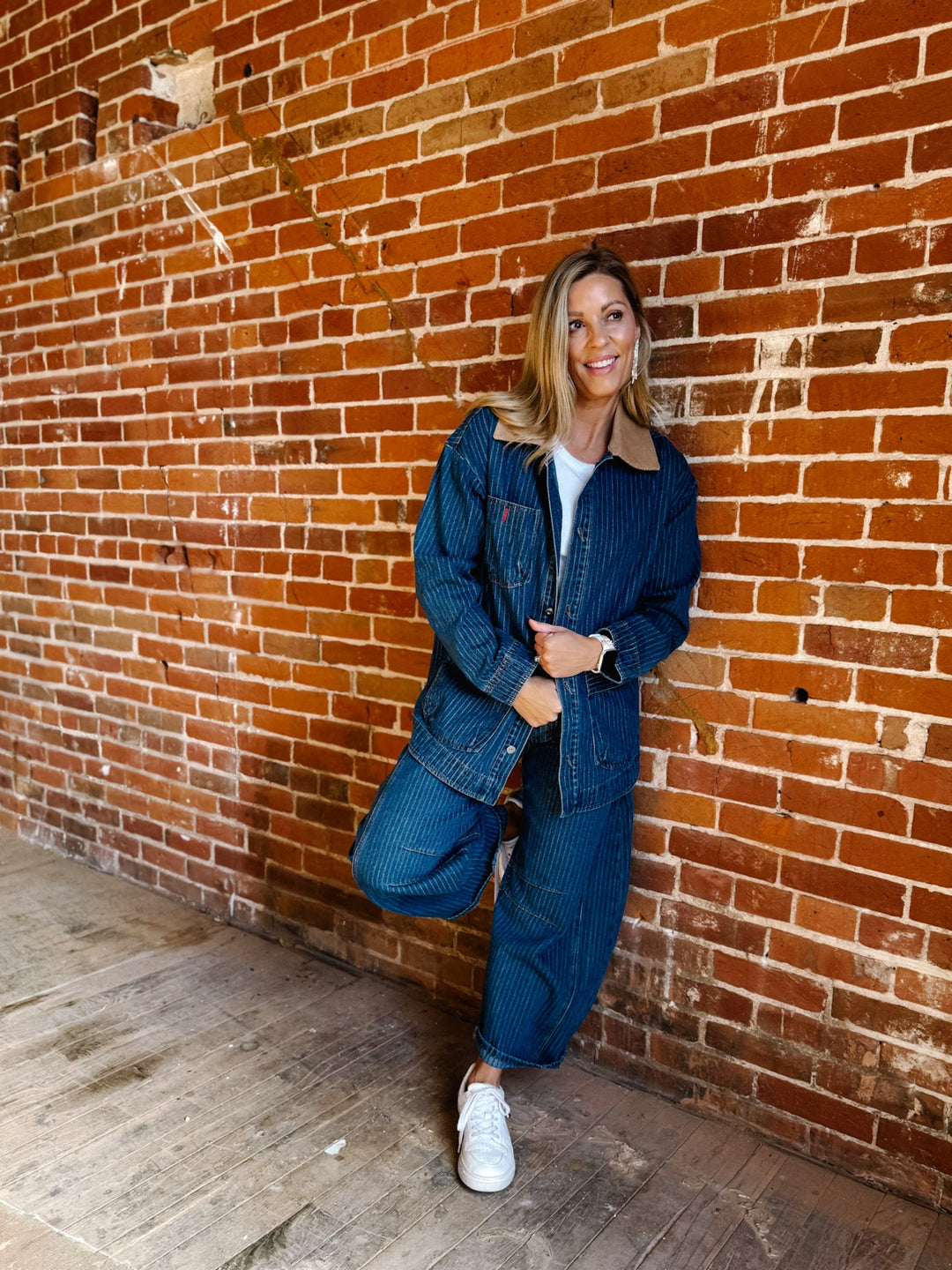 The Avery Pinstriped Barrel Jeans, Dark Wash