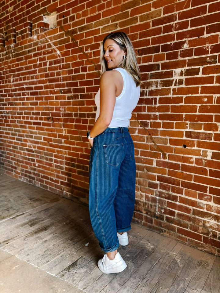 The Avery Pinstriped Barrel Jeans, Dark Wash